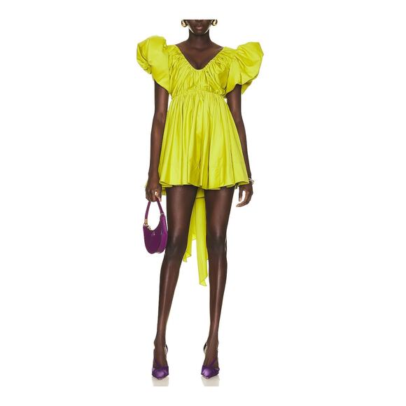 Gretta Bow Back Mini Dress Chartreuse Green Cotton Silk Bow Detail Dress 6 - NWT - Picture 1 of 5